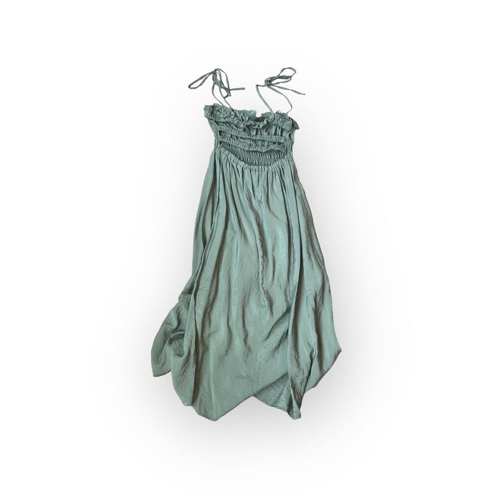 Zara Green Open Elastic Ruffle Back Spaghetti Strap Midi Dress - Picture 9 of 13